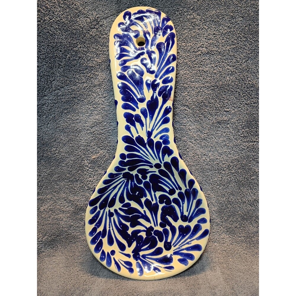 Talavera Mexico Hand Painted Spoon Rest Blue White Pottery 10.5" Lead Free